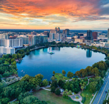 Aerial drone view of downtown Orlando, Florida, representing international pet shipping from Orlando
